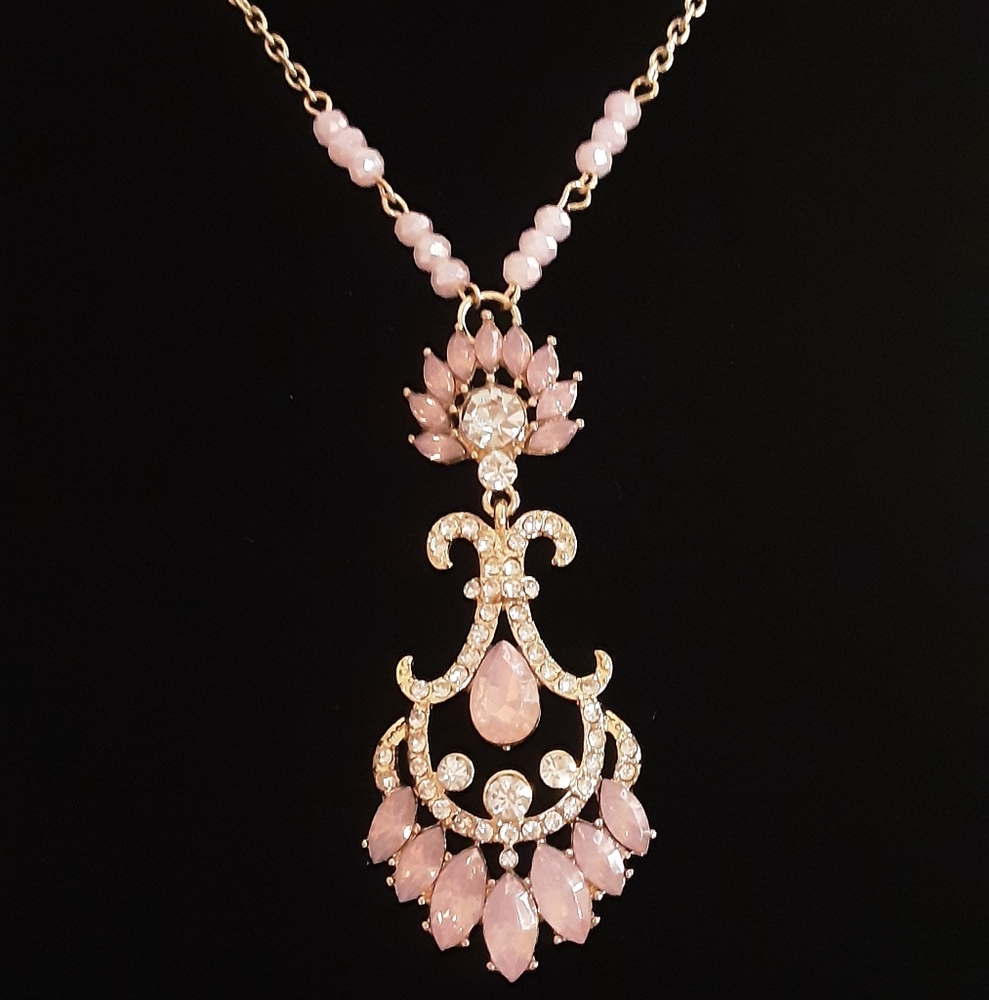 Hand Crafted Elegant Necklace Pink Gold 26" Chain Formal - Picture 3 of 3